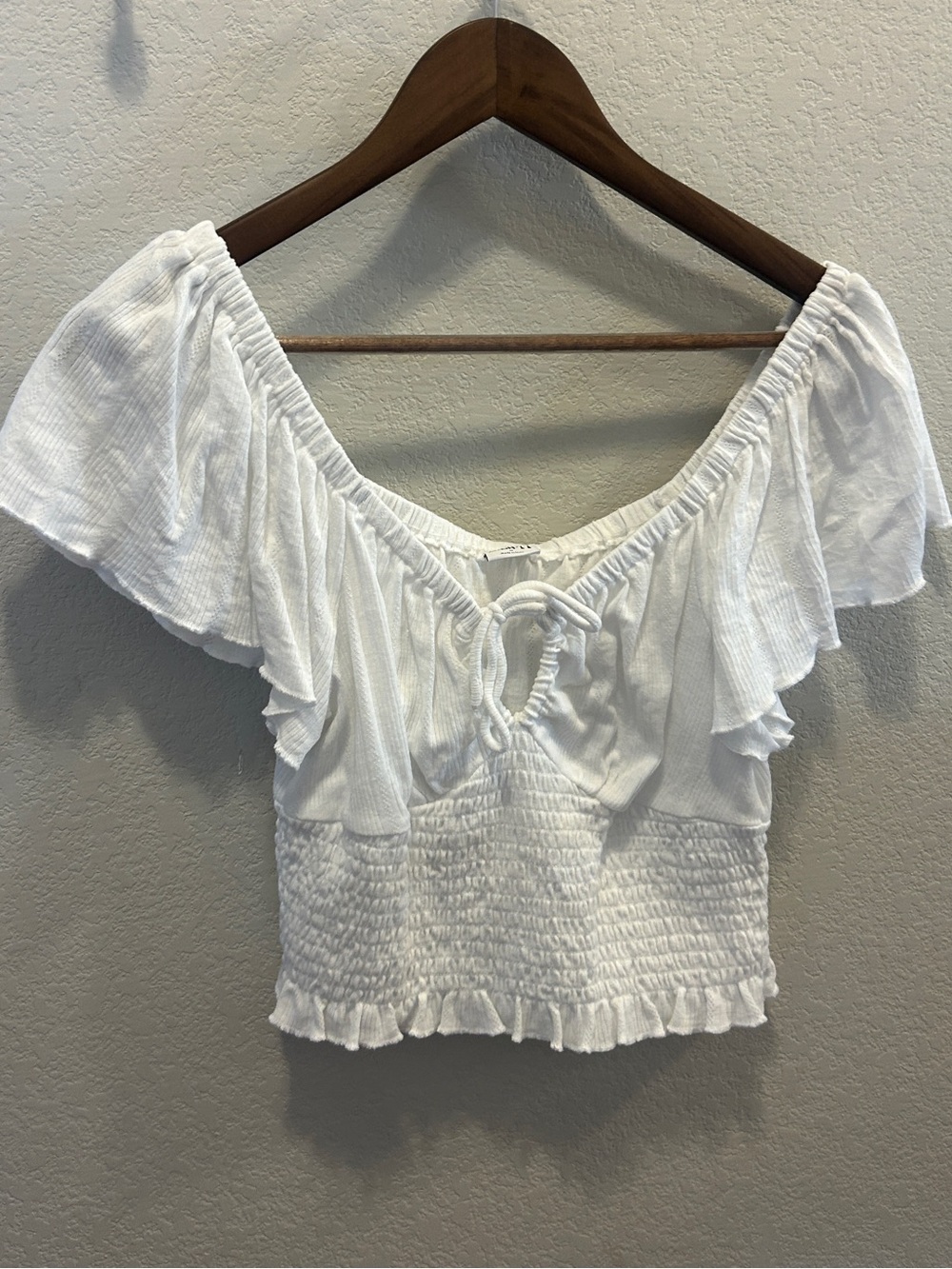 Billabong White Smocked Off-Shoulder Tie-Front Crop Top